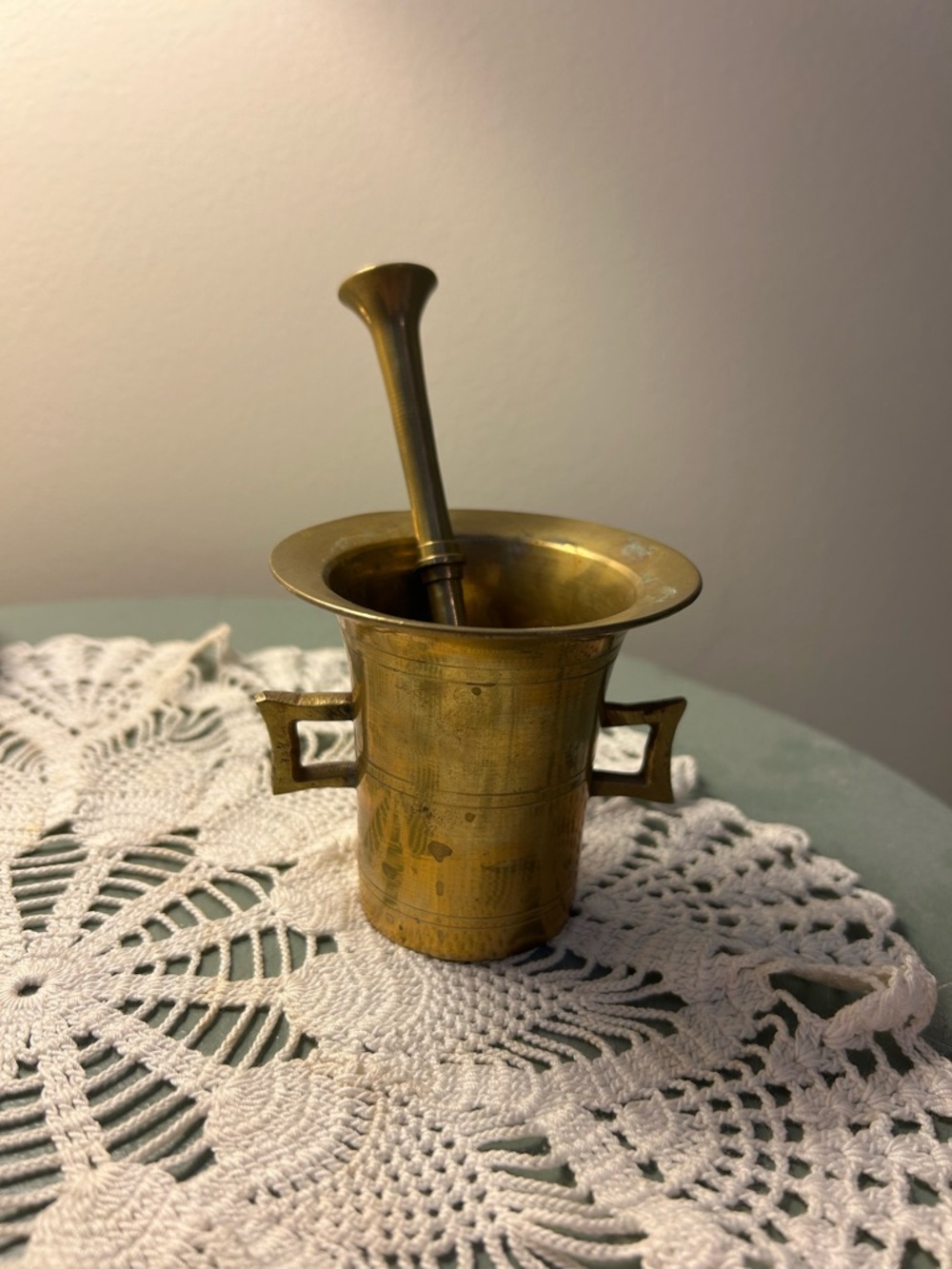 Vintage Brass Mortar and Pestle with Side Handles - Golden Tone